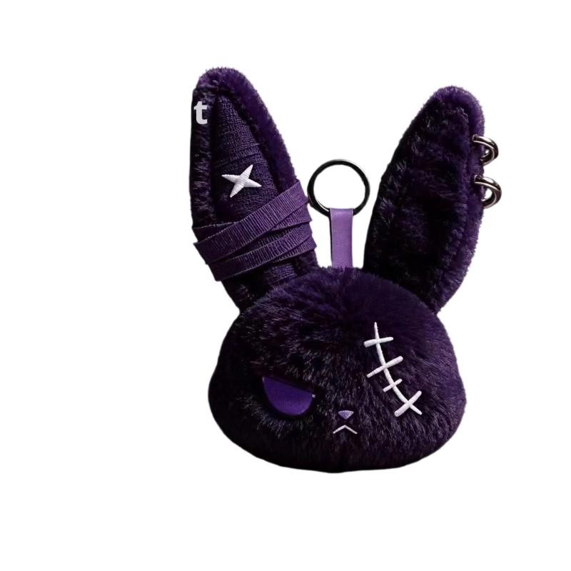 Gothic Bunny Plush Keychain Charm with Bandage Kawaii Key Ring Pendant Car Bag Ornament Halloween Gift Prank Toys