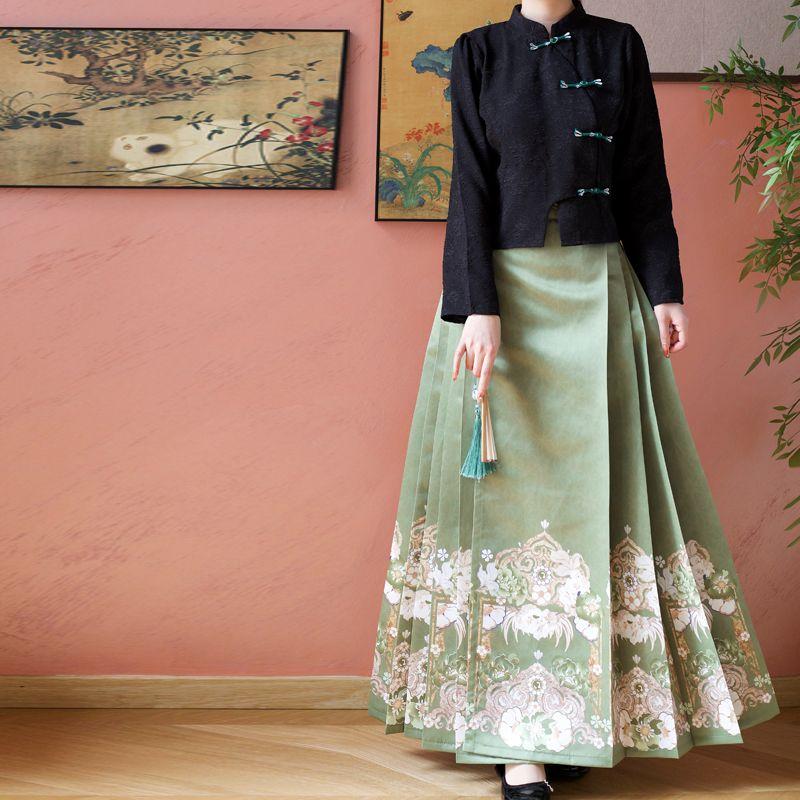 Chinese Ming Dynasty Style Hanfu For Women Stand Collar Summer Daily Printed horse-face Skirt