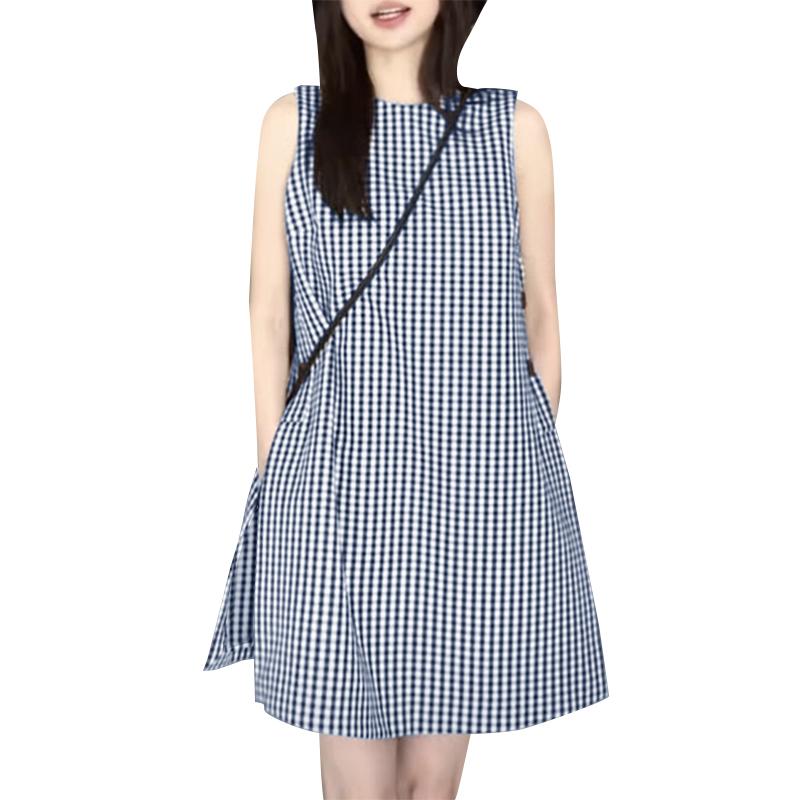ZANZEA Women Summer Plaid Print Casual Round Neck Side Slit Sleeveless Long Tank Tops