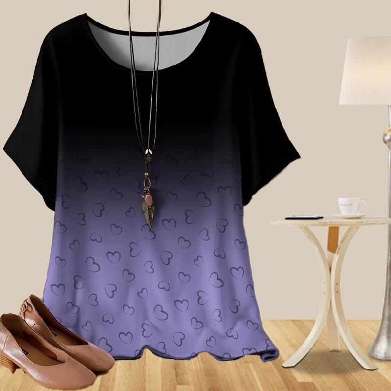 Women's Fashion Casual Loose Spring Shirt Women's Short Sleeve Gradient Heart-shaped Pattern Printed Tops
