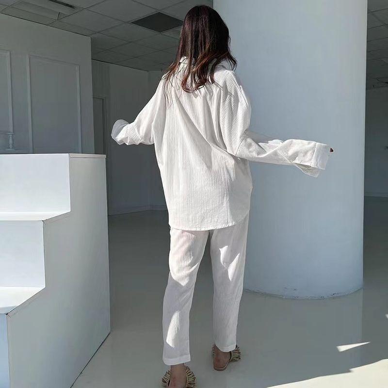 Fashion Style New Arrival Loose Long Sleeves Shirt Pants Pure Color Suit Homewear Shirt Long Pants Set