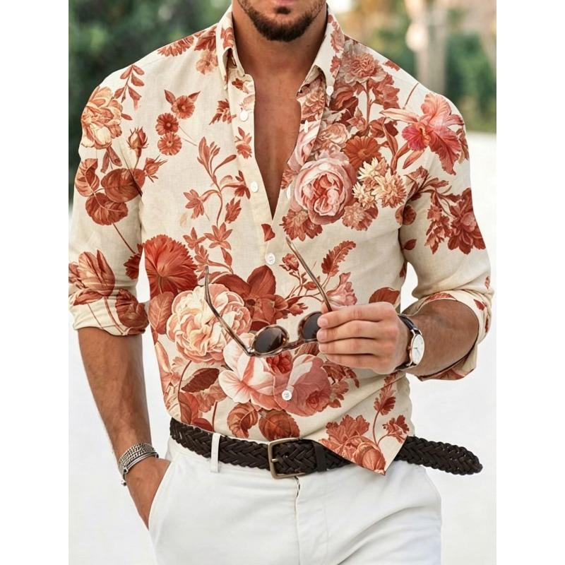 Men's floral shirt long sleeved sports fashion outdoor casual daily autumn and winter flat printed button down collar shirt
