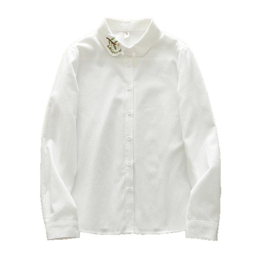 2025 Fresh Embroidery Long Sleeve Shirt for Women: Versatile White Student Blouse
