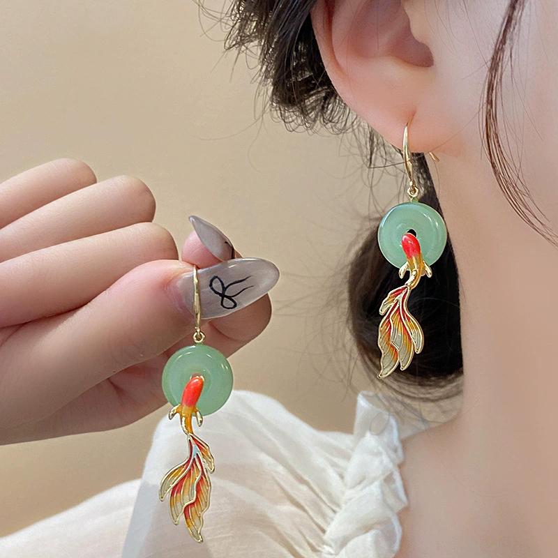 Steel Fun New China-Chic PingAn Buckle Koi Earrings Female Design Light Luxury Traditional Earrings Jewelry Accessories