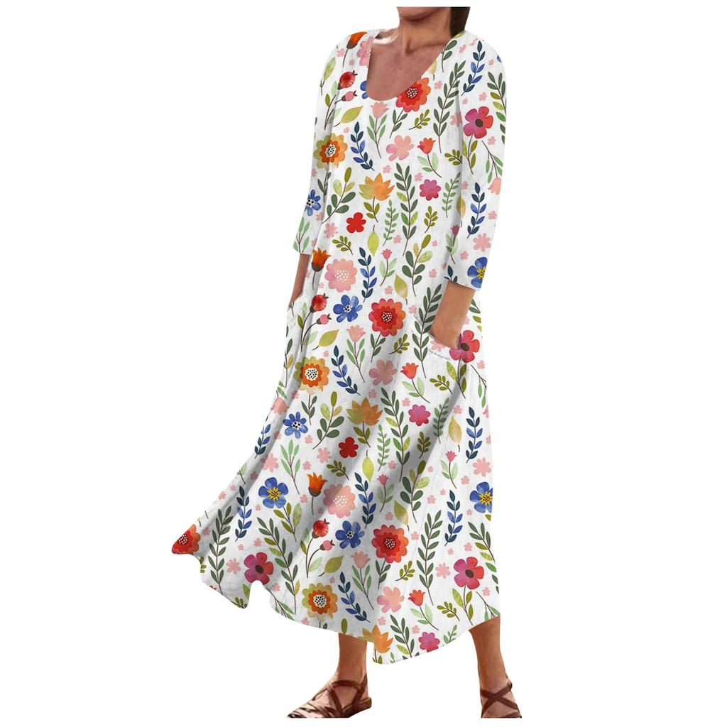 Damenmode, lässig, bedruckt, Rundhalsausschnitt, 3/4-Ärmel, lockere Taschen