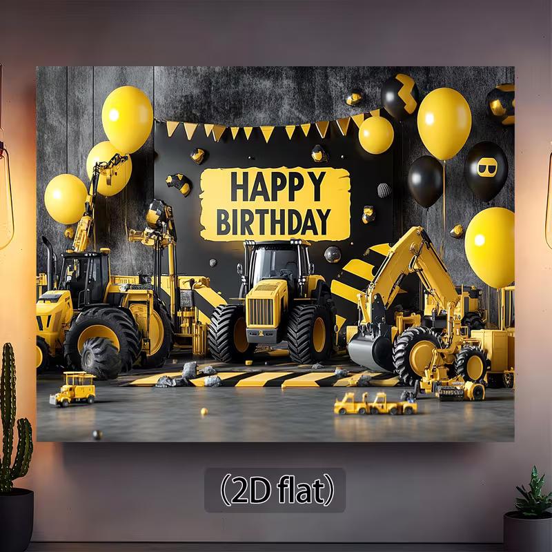 Fondo de Cumpleaños de Construcción Amarillo Negro 2D para Fotografía de Fiesta Infantil