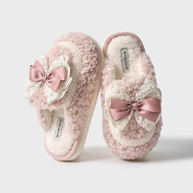 Lace bow plush slippers autumn and winter new home non-slip warm advanced sense can be worn outside thick-soled cotton slippers