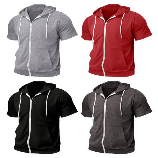 Men's Zip-up Hooded T-Shirt Summer Short Sleeve Hoodie Tee Solid Color Full Zipper Tee Shirt with Pockets for Daily Sports Street Gym