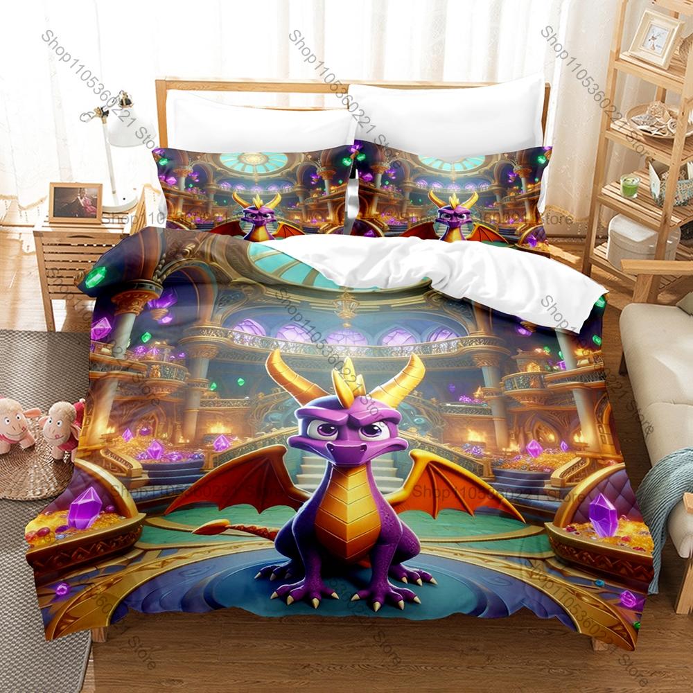 Spyro Reignited Trilogy Bedding Set, Duvet Cover & 2 Pillowcases, Cute Dragon Character Pattern Breathable Fabric All Season