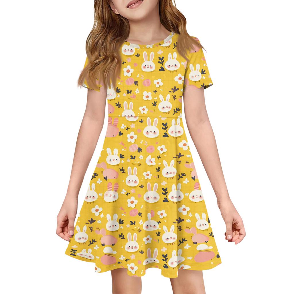 Girl Summer Dress Color & Print Short Sleeve Dress With Pocket Casual Dress Shorts Sleeve Party Dress Easter Day