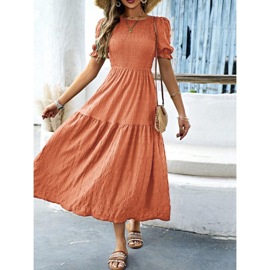 Casual Vacation Style Lotus Leaf Sleeve Cinched Waist Women's Long Dress 2025
