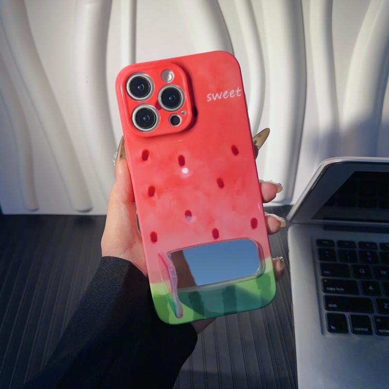 Summer Watercolor Watermelon Phone Case Suitable for iPhone 16 Pro Max 15 14 13 12 Pro 11 XS XR with Makeup Mirror Stand