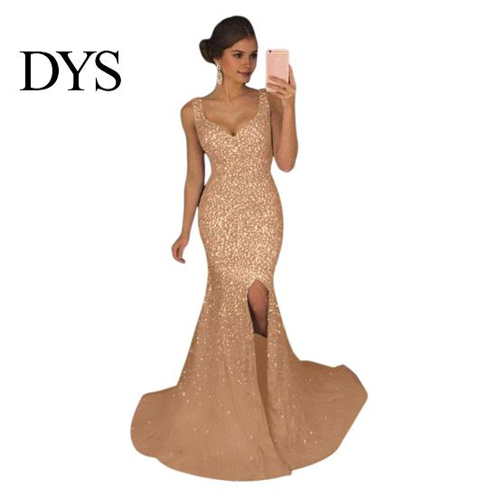 Women Fishtail Hem Dress Evening Deep V Neck Split Sequin Skinny Back Embellished Zipper Closure Sleeveless Prom Cocktail Party Floor Length Ball Gown