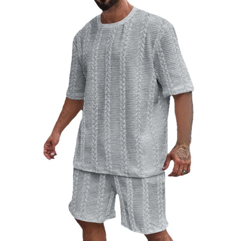 Men's Knit Jacquard Summer Casual Set: Round Neck Pullover & Shorts