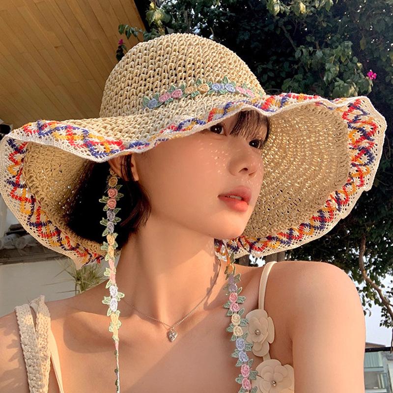 Cappello da sole estivo da donna in paglia, pieghevole, traspirante, con tesa larga, per viaggi e vacanze