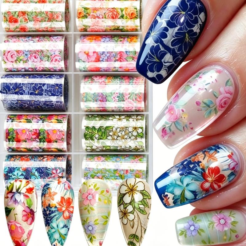 10 Rotoli Accessori Salone Unghie Carta Transfer Nail Art Floreale Primaverile Petalo e Foglia Decorazione Carina e Affascinante Antiaderente