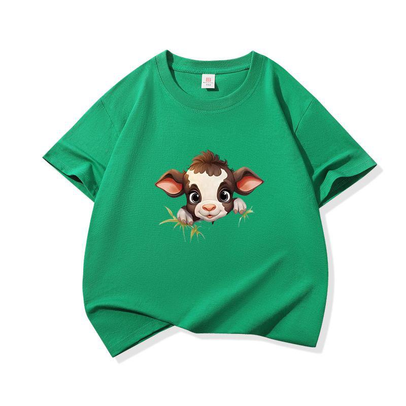 Kids Cotton T Shirt Brown Baby Cow Peeking Over Grass Print Crew Neck Short Sleeve Tee Casual Boys Girls Summer Tops
