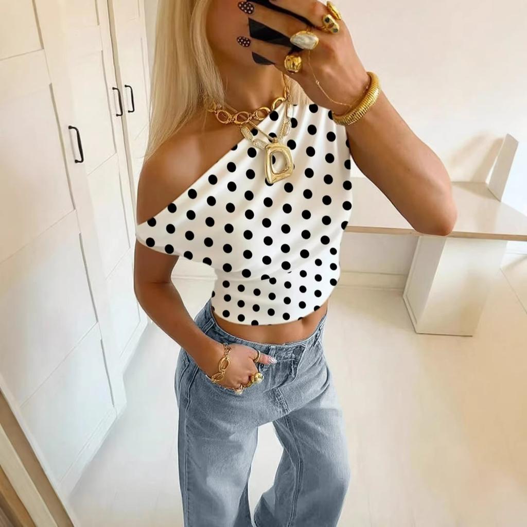 Europe and the United States summer fashion new women's clothing top personalized polka dot slanted shoulder navel short top