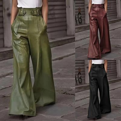New Fashion Leather Pants, High Waist, Loose Pockets, Waist PU Leather Flared Pants, Casual Trousers, Belt Pocket Decoration