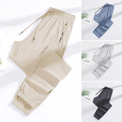 Unisex Summer Ice Silk Pants Thin Loose Straight Leg Cooling Trousers Drawstring Elastic Waist Slacks Quick-drying Solid Color Sweatpants for Daily