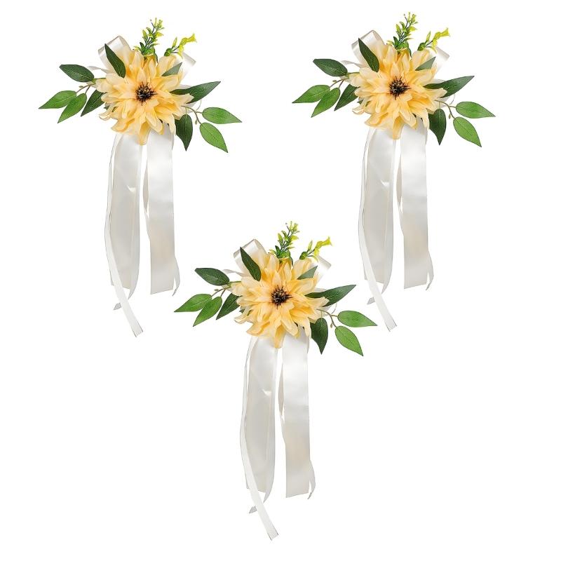 Romantics Florals Rearview Mirror Bowknot For Wedding Car Faux Flowers And Ribbon Chair Back Flower Decoration