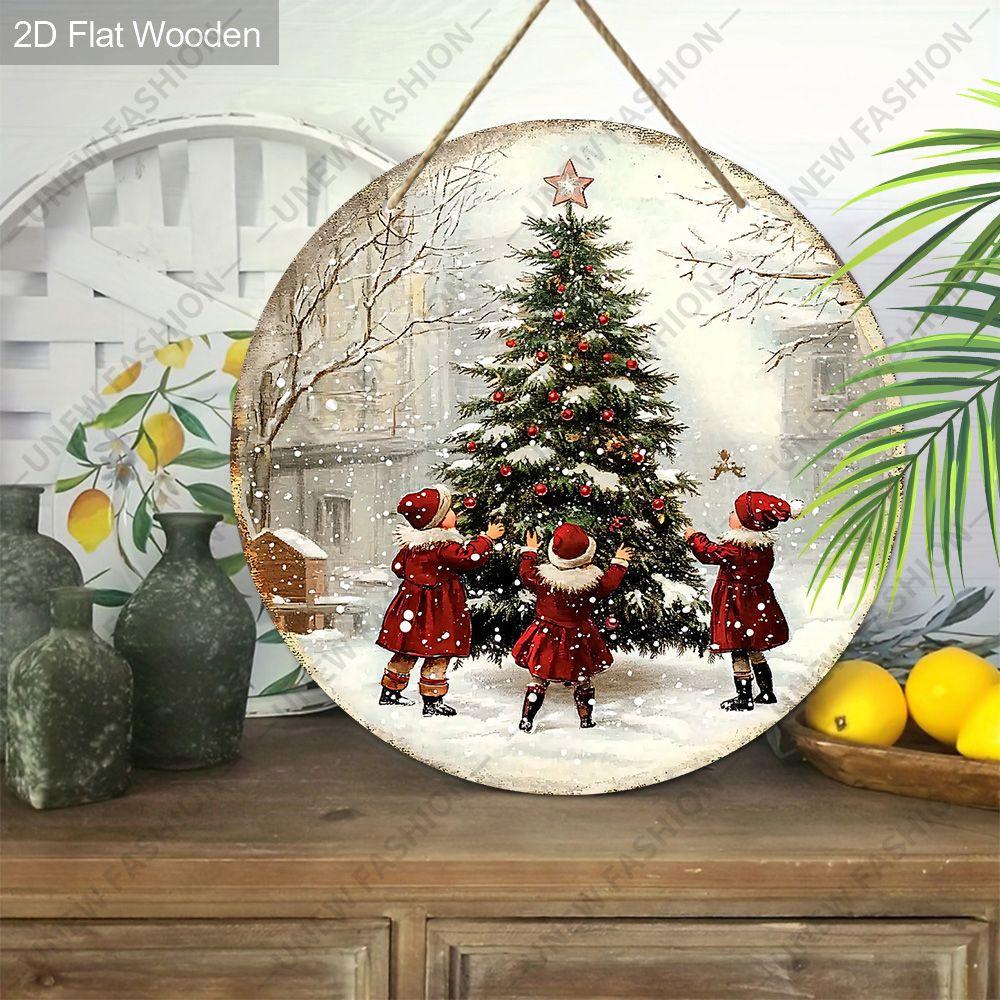 Vintage Kids Decorating Christmas Tree Round Wooden Hanging Sign, 2D Flat Printed Christmas Wall Door Ornament, Xmas Home Holiday Decor Gift