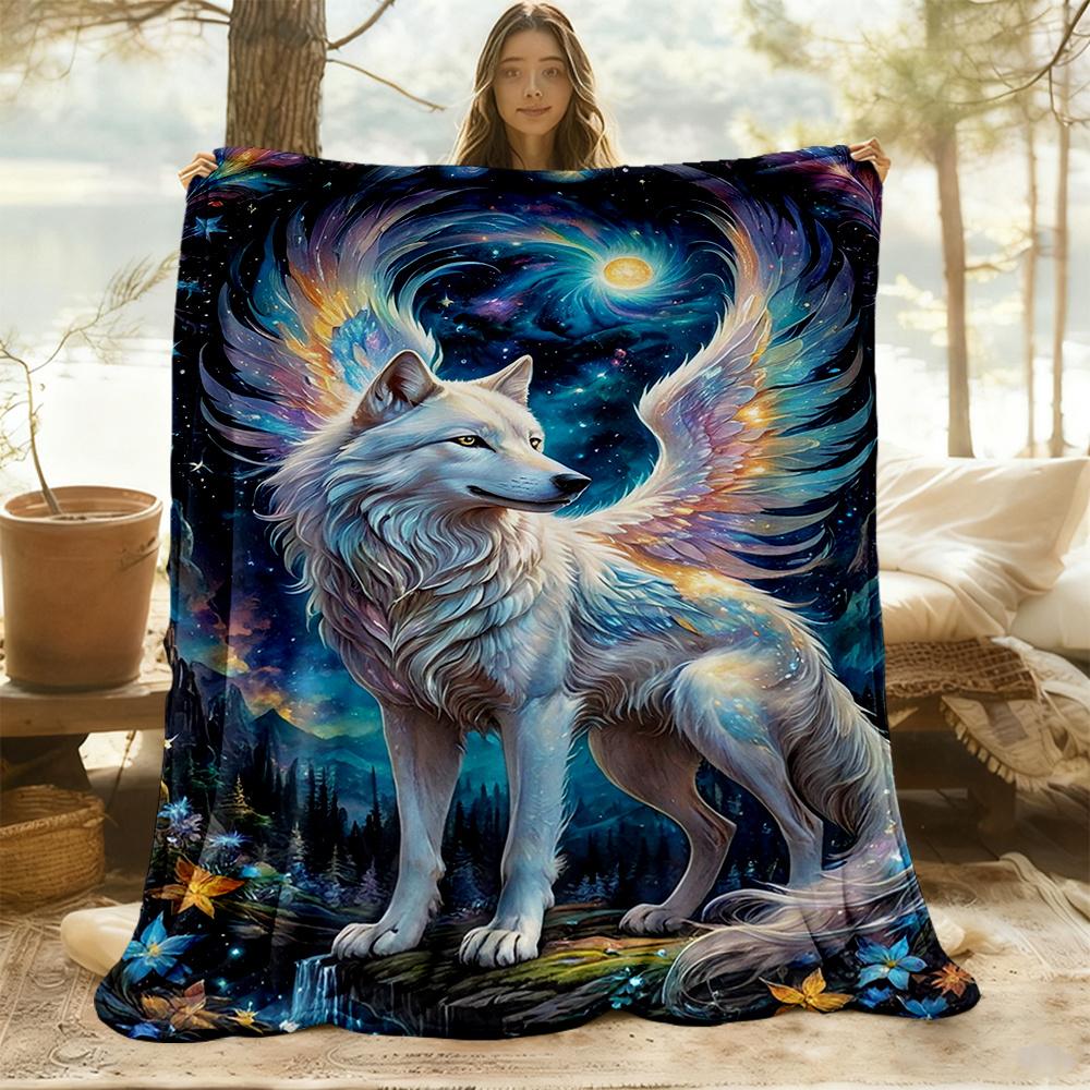 1pc Celestial Wolf Mythical Beast Flannel Blanket, Comfortable and Warm Blanket, for Camping Sofa Bed and Couch Office041
