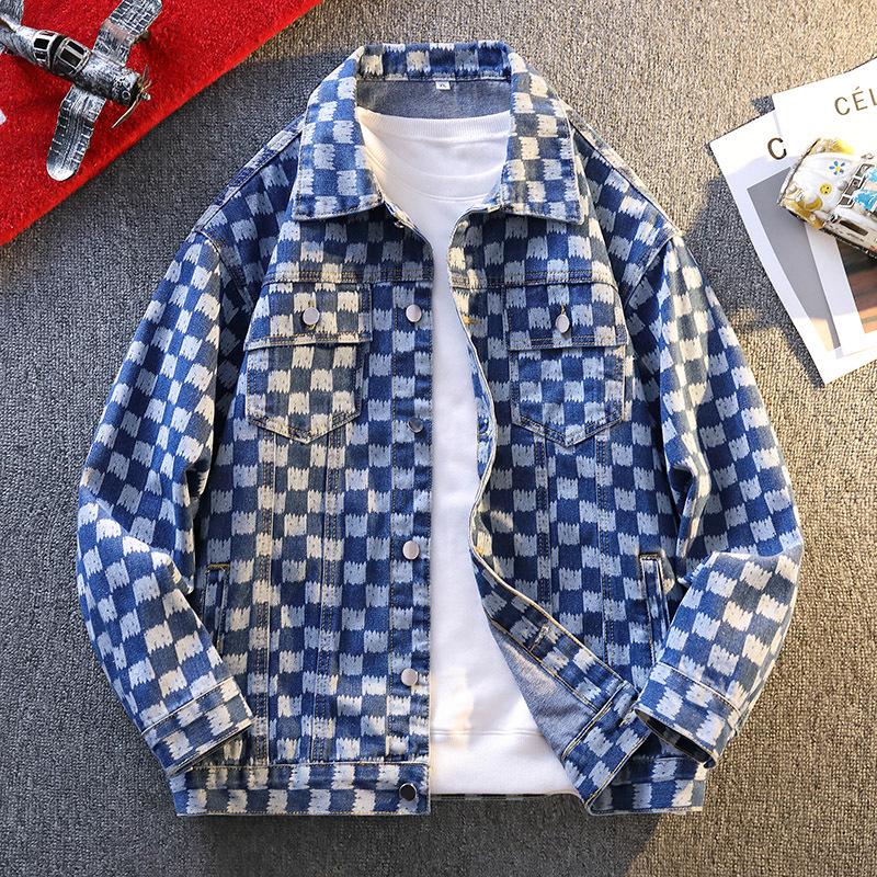 Men's Trendy Loose Plaid Print Denim Jacket Shirt - Douyin Bestseller