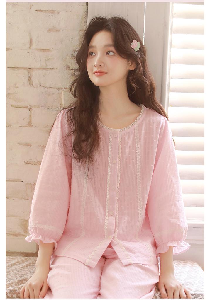 Qingmu Women's Gauze Nine Sleeve Pants Home Clothes Set