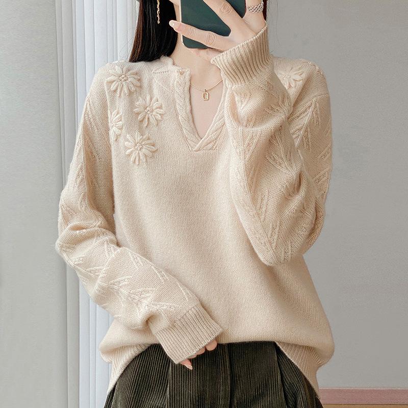 Design Sense Hook-Up Pullover Soft Waxy Wool Sweater Women'S Autumn And Winter New Semi-Open Neck Loose Long-Sleeved Fashion Knitted Sweater