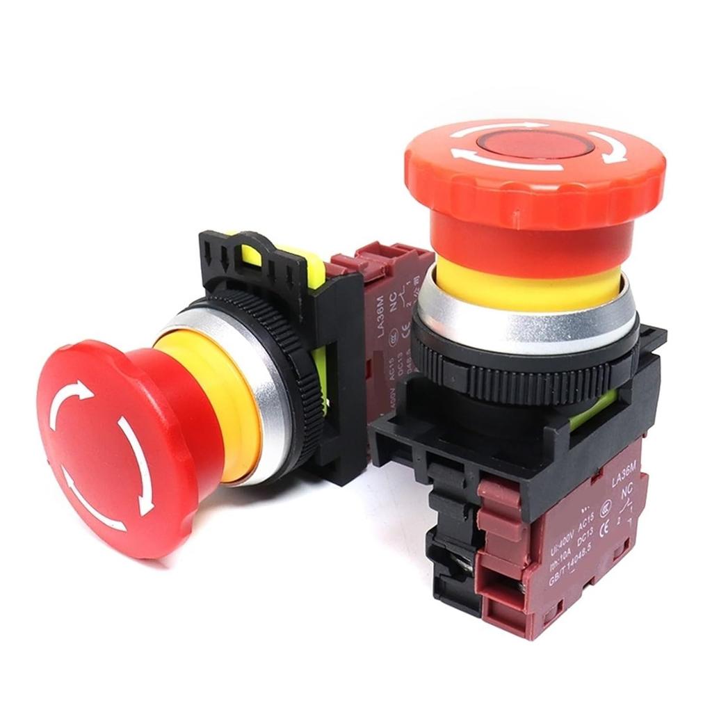 30mm LA36M Emergency Stop Push Button Switch Latching Self Locked Plastic Mushroom E-Stop Switch with Red LED Light 220v 12v 24v(Without