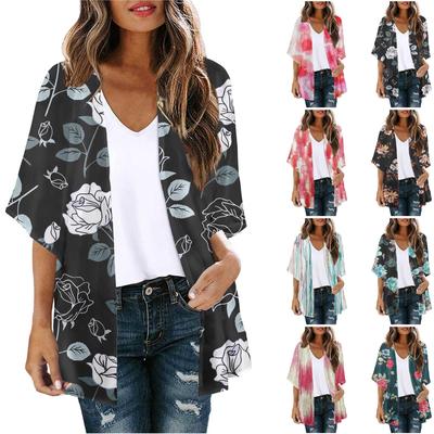 Women's Fashion Printed Seven-Part Sleeve Cardigan Loose Blouse Casual Blouse Top
