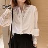 Women Shirt Lace Patchwork Stand Collar Flower Embroidery Single Breasted Long Sleeve Solid Color OL Commute Style Soft Lady Spring Fall Top Blouse