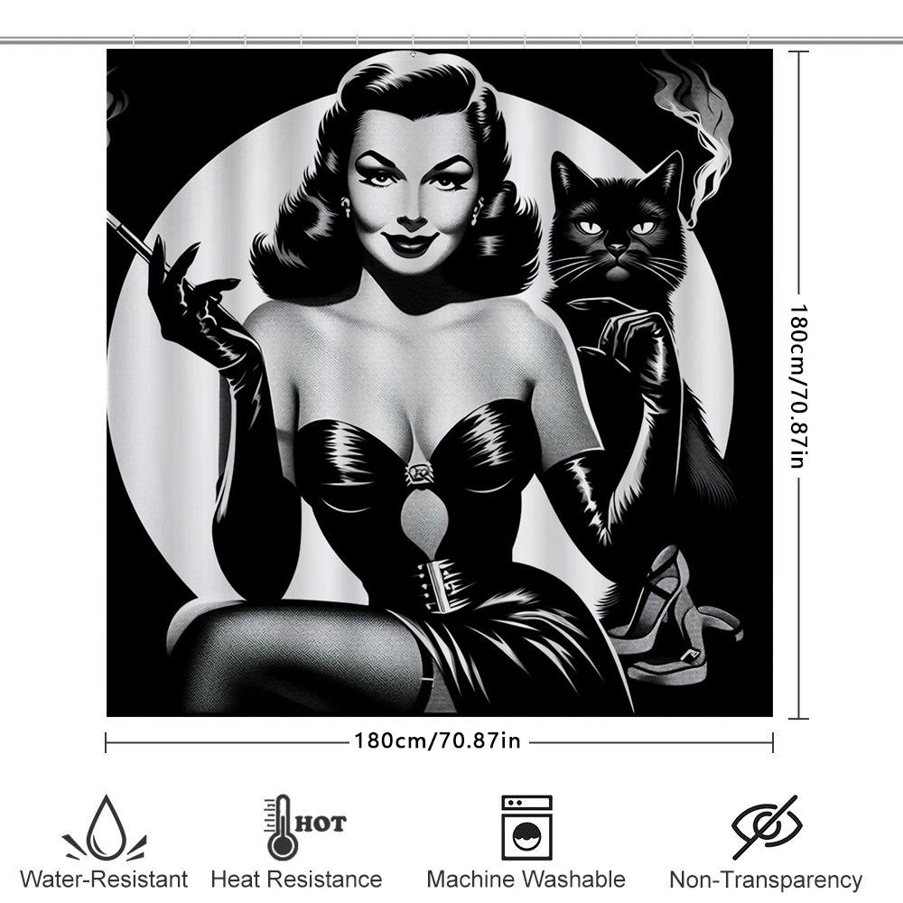 Vintage Retro Style Cat Lady Shower Curtain Classic Black White Print Bathroom Decor Perfect Gift For Women'S Day