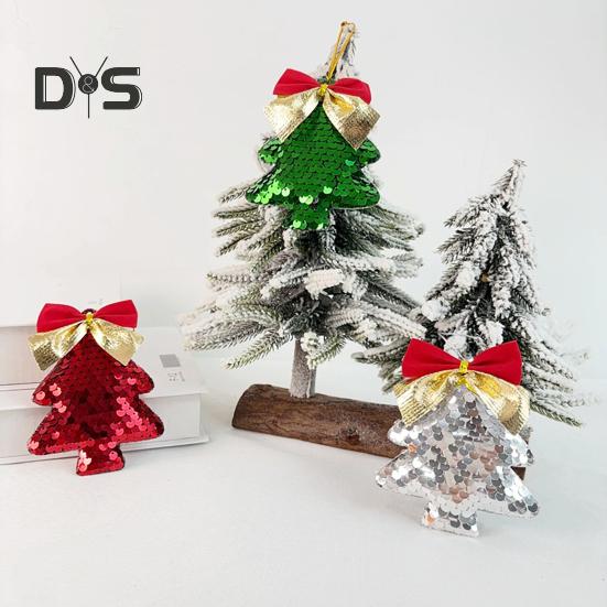 6Pcs Christmas Tree Ornaments Tree Shape Sequin Pendant with Bow for Christmas Trees Walls Doors Parties Wedding Decor