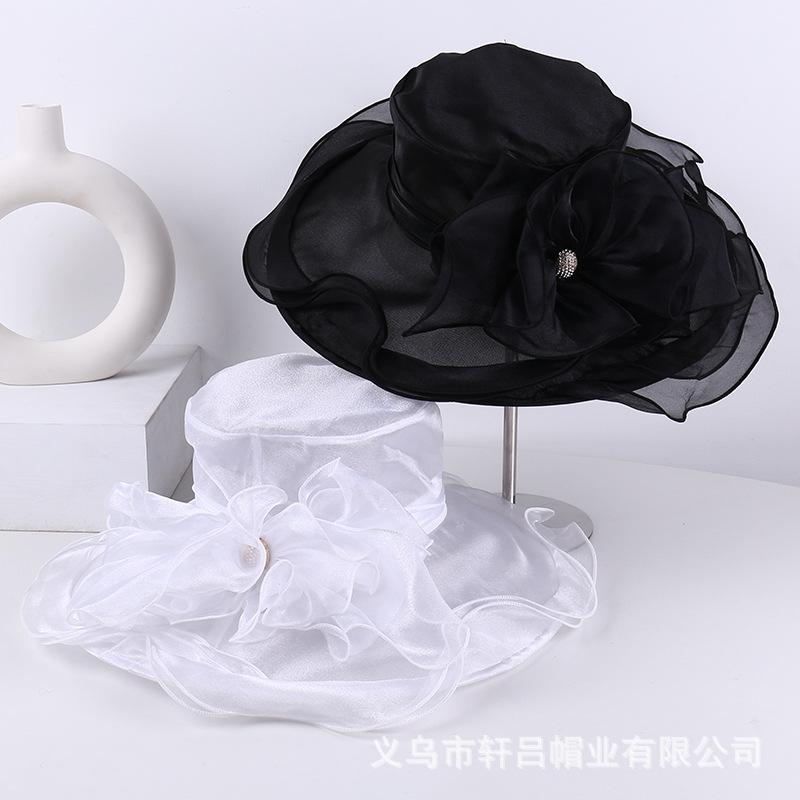 Mesh visor women's summer new solid color flower sunscreen sun hat European and American elegant crimped top hat beach hat