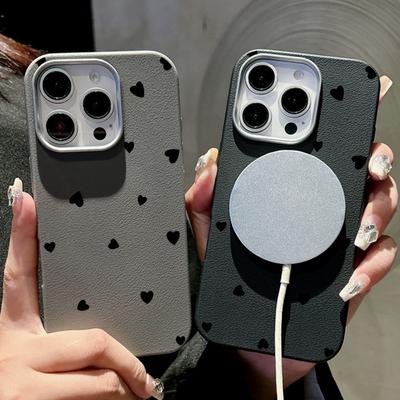 Für Magsafe Magnetische Schwarze Liebesherzen Matte Handyhülle für iPhone 16 15 Pro 14 Plus 13 12 Pro Max 11 Stoßfestes Weiches TPU Schlank Ledertextur Cover