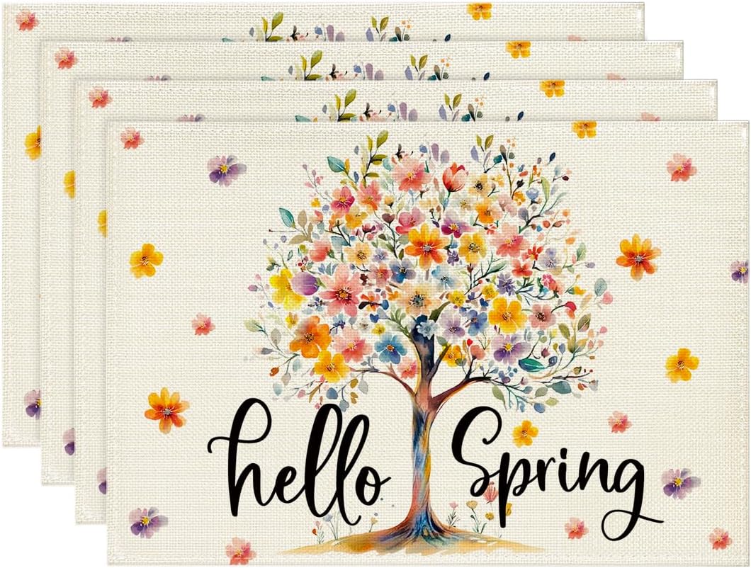 

Floral Tree Leaves Hello Spring Placemats Set of 4, 12x18 Inch Seasonal Summer Holiday Table Mats for Party Kitchen Dining Decoration 4pcs-12x18