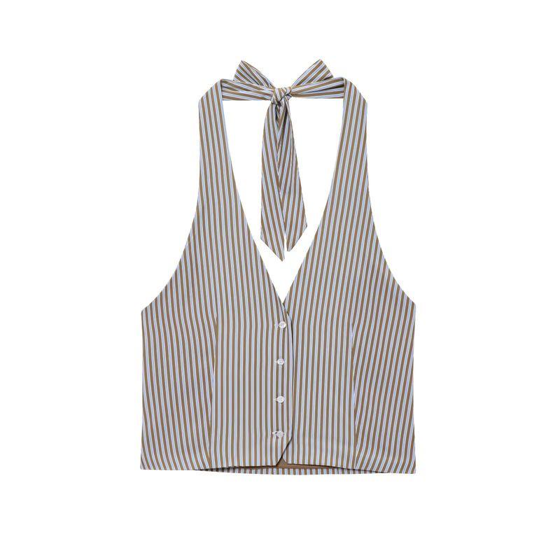 Jnleaog Spring New Arrival Women's Clothing Fashion Style French Fashion Design Stripes Hanging Collar Vest Style Tops