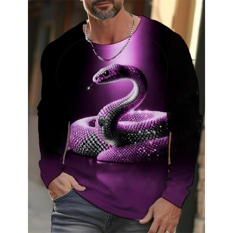 Spring and Autumn Round Neck 3D Snake Pattern Printed Top Fashionable Casual Long Sleeved Men's T-shirts