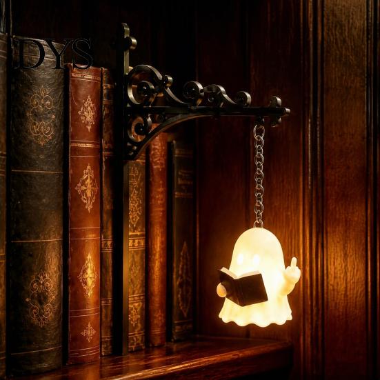Reading Ghost Lamp Bookshelf Light, Vintage Metal Book Nook Lamp, Spooky Bookend Unique Gift for Lovers Ornament, Warm LED Shelf Light Decor