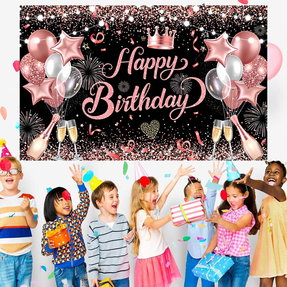Pink Gold Black Happy Birthday Background Rose Gold Glitter Balloon Birthday Decoration Party Decor Home Photography Backdrop