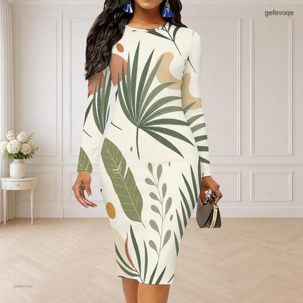 Women Plus Size Round Neck Long Sleeve Printed Bodycon Midi Dress