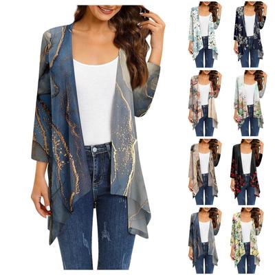 Women's Print Irregular Three-quarter Sleeve Cardigan With Pocket Jacket