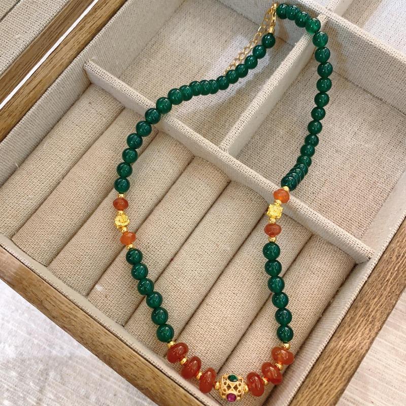 Emerald Chalcedony Splicing Crystal Jade Necklace Chinese Beaded Guochao Bracelet Jewelry Ethnic Style Sweater Chain Women