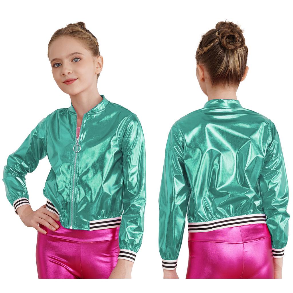 Kinder Mädchen glänzende Langarm-Baseballjacke, glitzernder metallischer Reißverschluss, Bomberjacke, Mantel, Oberbekleidung