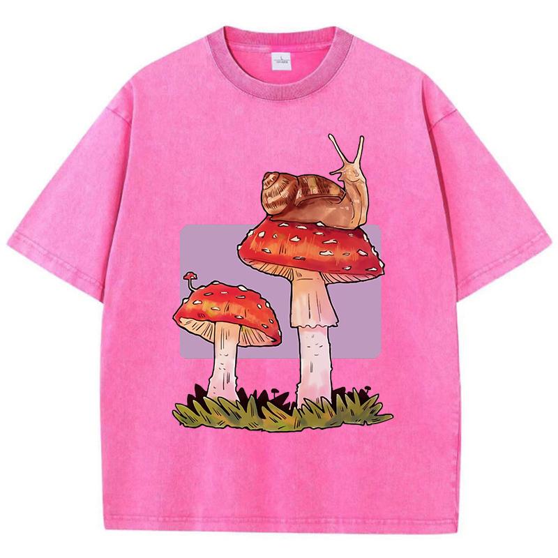 Snail Mushroom Creative Printed Womens Washed T Shirts Cotton Hip Hop T-Shirt Casual Y2K Soft Sportswear Loose Clothes