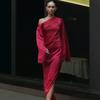 European Beautiful Women Spring New Slant Shoulder Long Sleeve Dress Hip Temperament Split Fork Dress