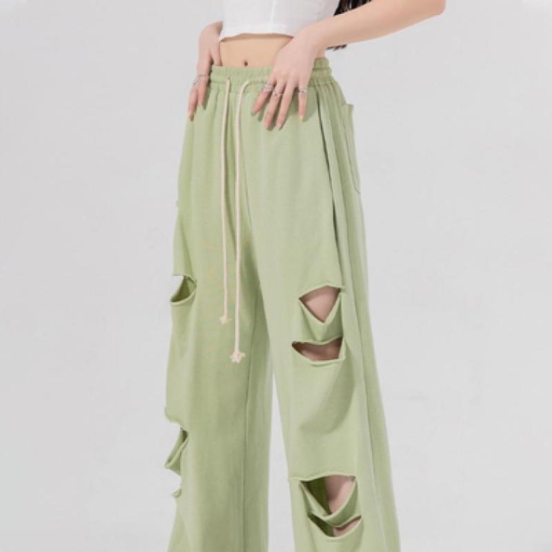 Plus Size Women's Summer/Autumn Thin High-Waist Distressed Wide-Leg Pants - Loose Casual Athletic Trousers with Trendy Style