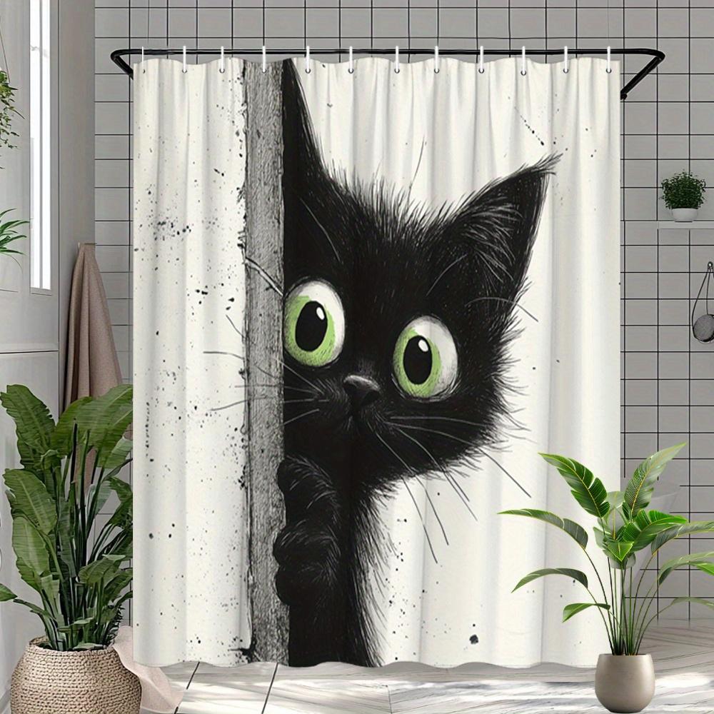 1pc Curious Kitten Shower Curtain - Whimsical Black Cat Peeking Behind Wooden Post Design, Durable Polyester Fabric